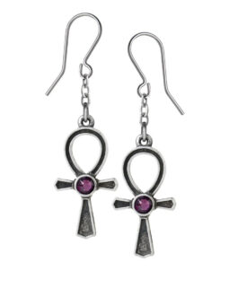 Silver ankh earrings with purple gemstones.