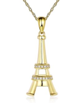 14K Yellow Gold Eiffel Tower Pendant Necklace 0.1 Ct Diamonds KN7054