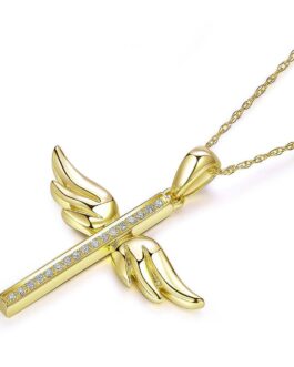 14K Yellow Gold Angel Wing Cross Pendant Necklace 0.08 Ct Diamonds KN7057