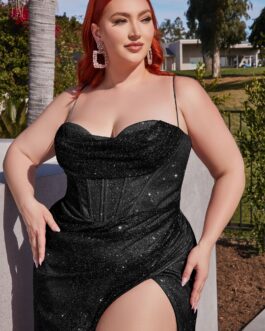 Plus Size Glitter Wrap Effect Cowl Neck Sensual Bodice Mermaid Classic Silhouette Ruched Elegant Top Prom & Bridesmaid Dress CDCD254C