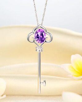 14K White Gold 2.5 Ct Purple Topaz Love Key Pendant Necklace 0.03 Ct Diamond KN7017PT