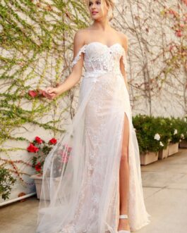 Off Shoulder Side Slit Boho Inspired Tulle A-Line Long Wedding Dress NXE441
