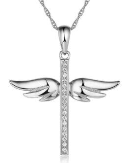 14K White Gold Angel Wing Cross Pendant Necklace 0.08 Ct Diamonds KN7056