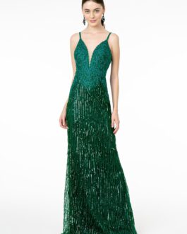 Illusion V-Neck Embroidered Top and Sequin Skirt Mermaid Dress GLGL1824