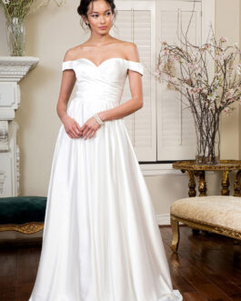 Pleated Waistline Sweethearted Cut-Away Shoulder Satin A-Line Long Wedding Dress – Mask Not Included GLGL1908