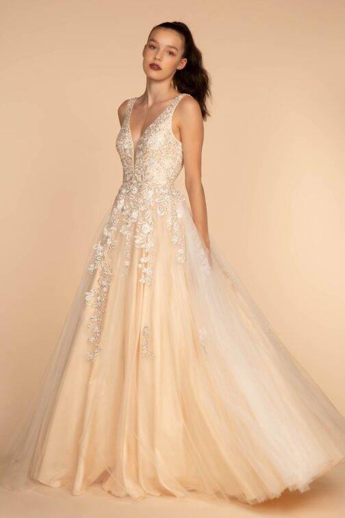 Elegant bridal gown with intricate embroidery and V-neckline