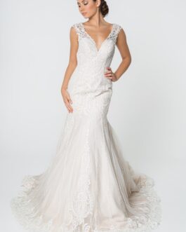 Lace Embellished Deep V-Neck w/ U-Back Long Wedding Dress GLGL2821
