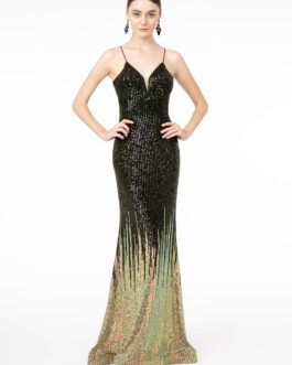 Illusion V-Neck Full Sequin Spaghetti Strap Long Prom Dress GLGL2899
