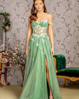 Glitter Jewel Sheer Bodice Off Shoulder Mesh A-line Long Prom Dress GLGL3227