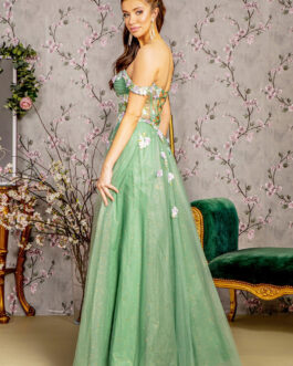 Glitter Jewel Sheer Bodice Off Shoulder Mesh A-line Long Prom Dress GLGL3227