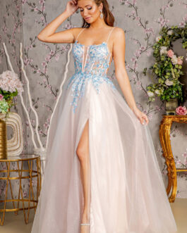 Glitter Sequin Sheer Corset Bodice Mesh A-line Long Prom Dress GLGL3251
