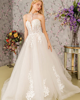 Sequin Bead Strapless Sheer Bodice Mesh Long Wedding Dress GLGL3349