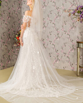 Jewel Glitter Sheer Bodice Mesh A-line w/ Long Mesh Cape Long Wedding Dress GLGL3423
