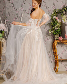 Sheer Bodice Mesh A-line w/ Detachable Short Sleeves Long Wedding Dress GLGL3427