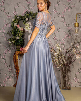 Metallic Embroidery Sheer Neckline Glitter Crepe A-line Long Mother Of The Bride Dress GLGL3444