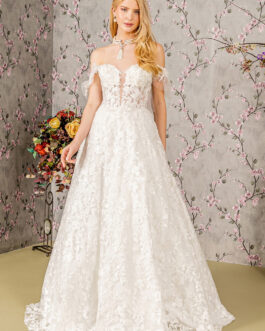 Sheer Bodice Sweetheart Mesh w/ Long Back Drape Long Wedding Dress GLGL3449