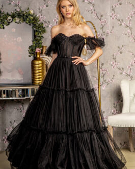Sequin Bead Sheer Bodice Off Shoulder Mesh A-line Long Prom Dress GLGL3453