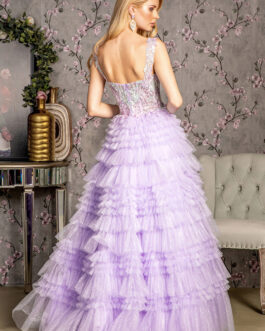 Glitter Bead Sheer Bodice Ruffled Skirt Mesh A-line Long Prom Dress GLGL3460