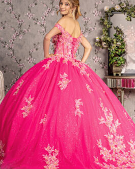 3D Flower Jewel Sheer Corset Bodice Mesh Long Ball Dress GLGL3469