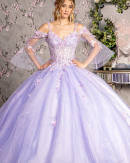Jewel Glitter Sequin Sweetheart Mesh Ball Gown Long Sleeves GLGL3484