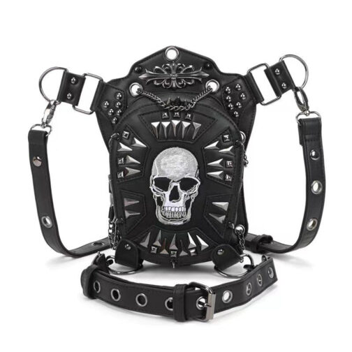 Gothic skull embellished black leather handbag.