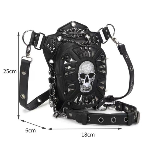 Gothic skull studded leather shoulder bag with dimensions.