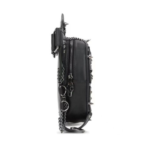 Black studded leather handbag with chain detail.