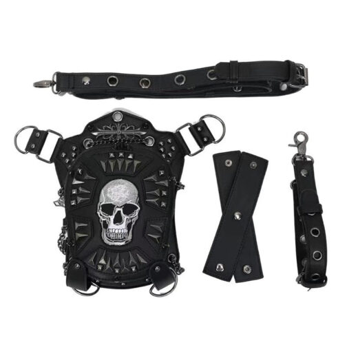 Gothic leather harness with skull motif and attachments.