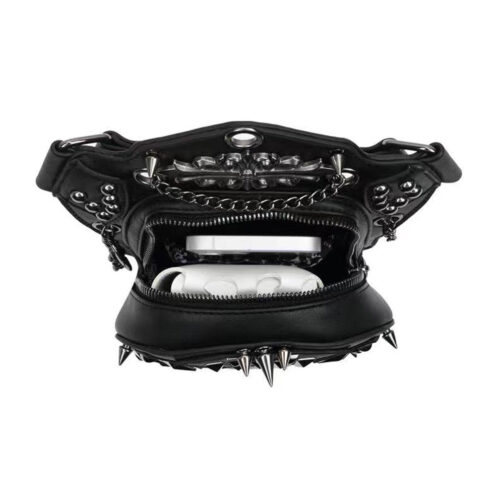 Black monster-themed novelty handbag open with teeth detail.