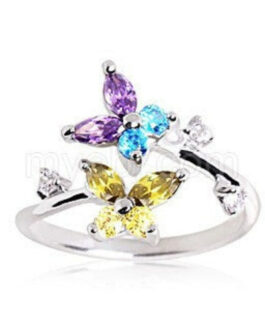 .925 Sterling Silver Multi Color CZ Butterflies Toe Ring
