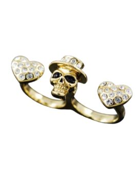 Studded Skull with Hat Two Finger Ring