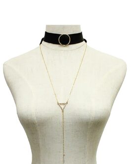 Strap Necklace Set with crystal and metal circle