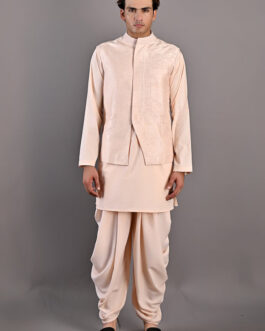 Cresento – Peach Abstract Embroidered Nehru Jacket With Kurta Set