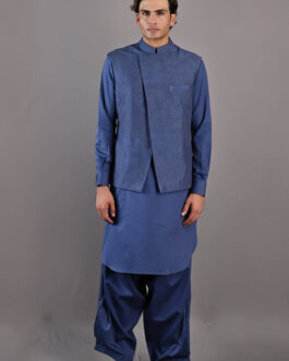 Garance – Blue Abstract Embroidered Nehru Jacket with Kurta Set