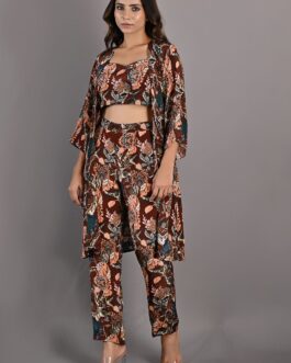 ELESTREN- PRINTED CO-ORD EMBROIDERED TOP WITH CAPE & PANTS SET