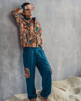 VIVENDEL – MAROON & MULTI PRINTED BOMBER JACKET WITH TEAL GREEN JOGGERS SET