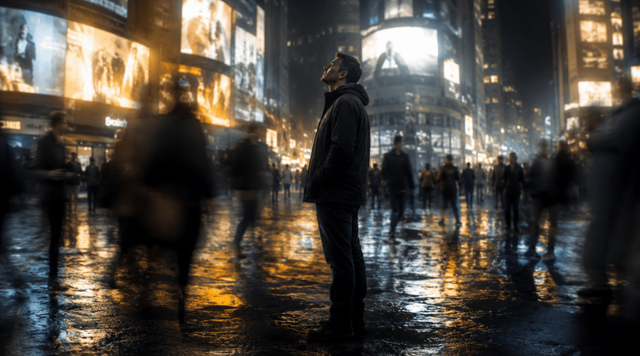 Emotionally reflective person standing alone in a crowded modern city surrounded by glowing digital screens, symbolizing spiritual crisis and emotional disconnection in modern society.