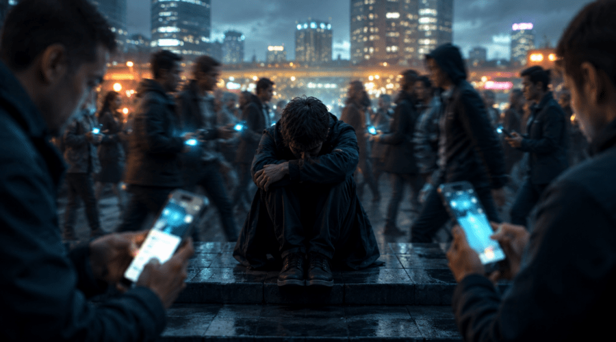 Lonely man sitting alone in a crowded modern city surrounded by people using smartphones, symbolizing emotional isolation and loneliness in the digital age.