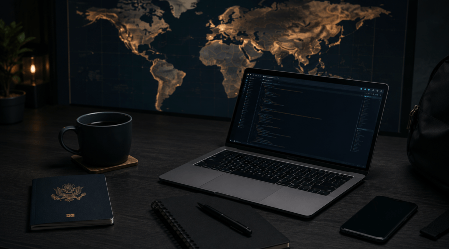World map with American passport, laptop showing code editor, coffee cup, notebook, and smartphone on a dark modern desk representing digital nomad and developer travel lifestyle.