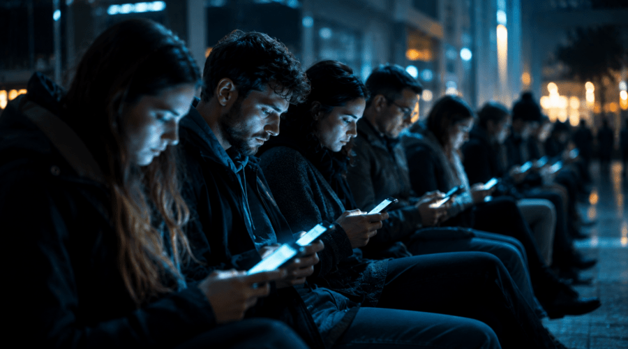 Group of people sitting together while focused on smartphones instead of interacting, symbolizing social media’s impact on human empathy and emotional connection.