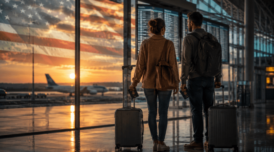 American couple at an international airport preparing to relocate abroad, symbolizing the growing trend of Americans leaving the United States for a better quality of life.