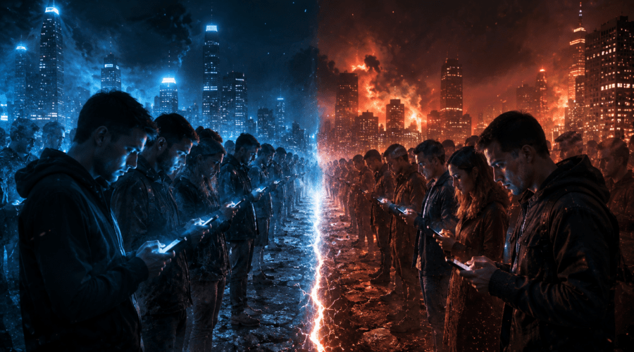 Two groups of people separated by a glowing digital divide while looking at smartphones, symbolizing growing social and political division in modern society.