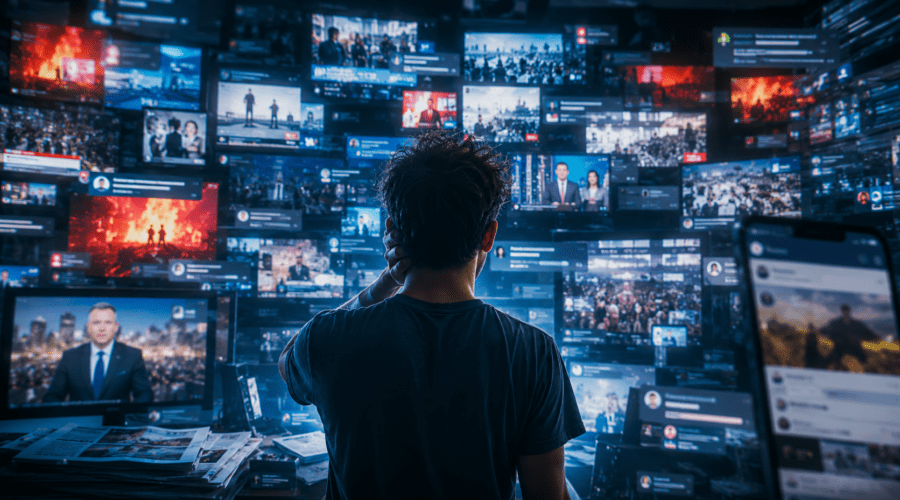 Modern digital news environment showing television screens, smartphones, and information overload symbolism.