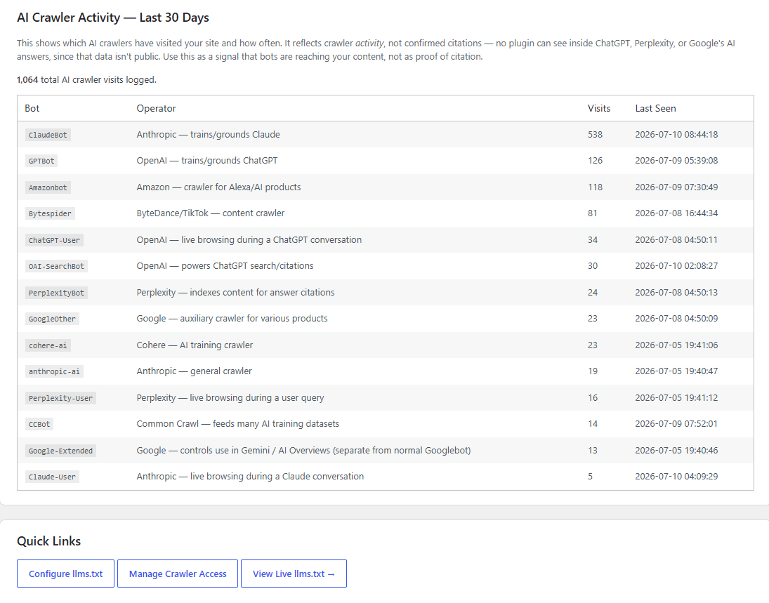 HiRizzi AI SEO crawler activity dashboard