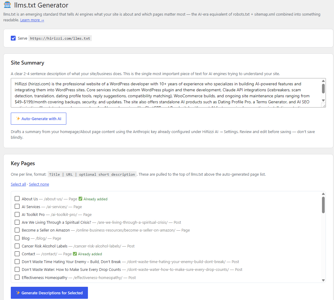 HiRizzi AI SEO llms.txt preview